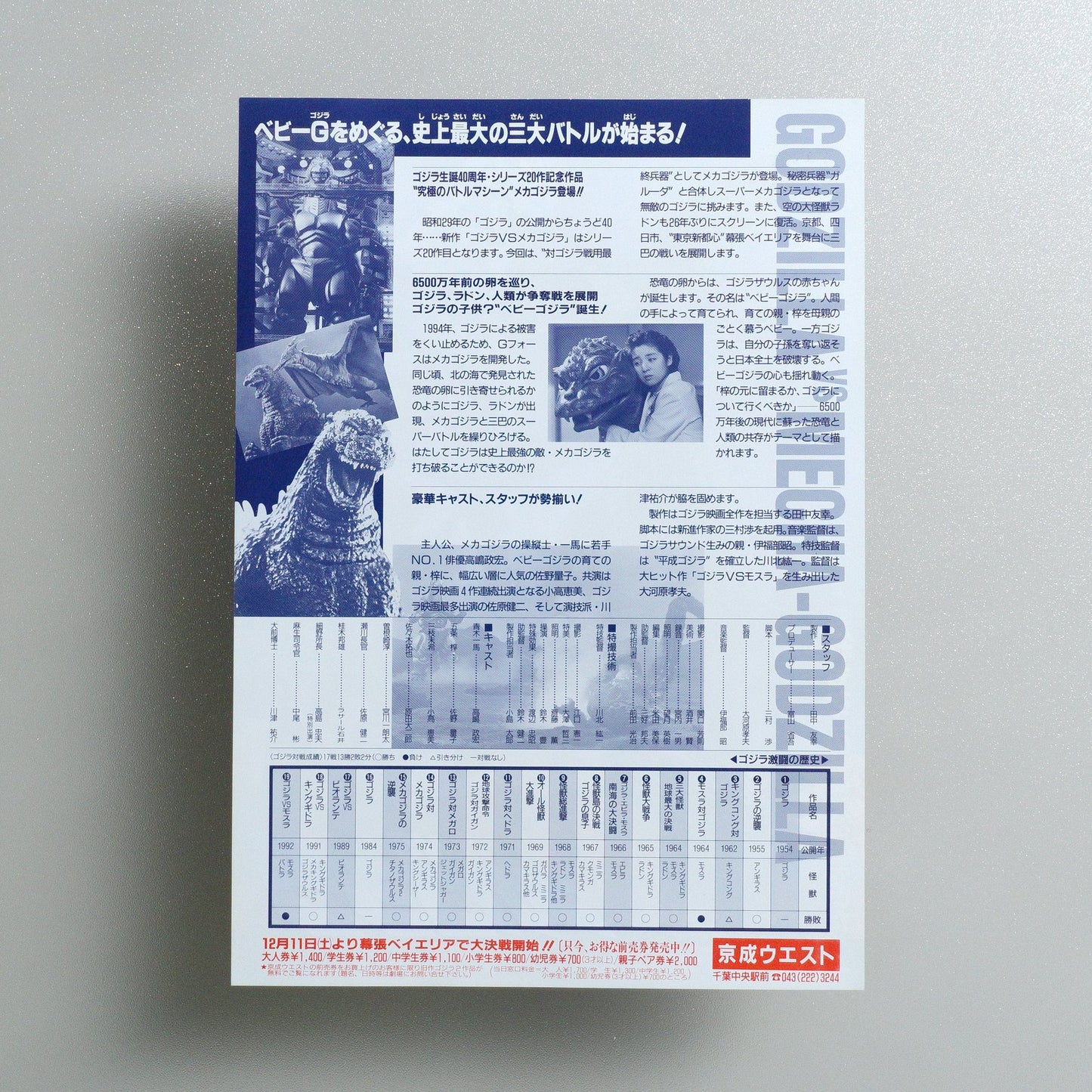 Godzilla vs; Mechagodzilla II 1993 Japanese B5 Movie Flyer - reverse