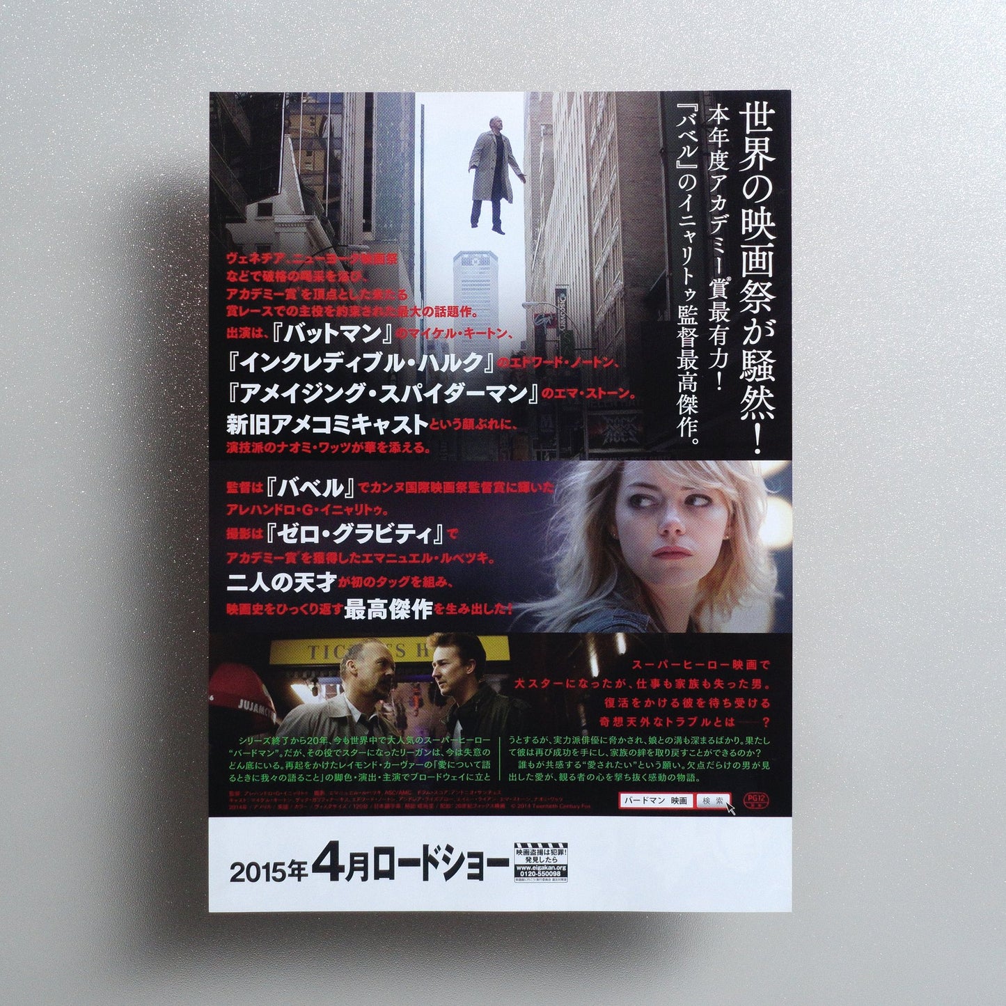 Birdman or (The Unexpected Virtue of Ignorance) 2014 Japanese B5 Movie Flyer - reverse