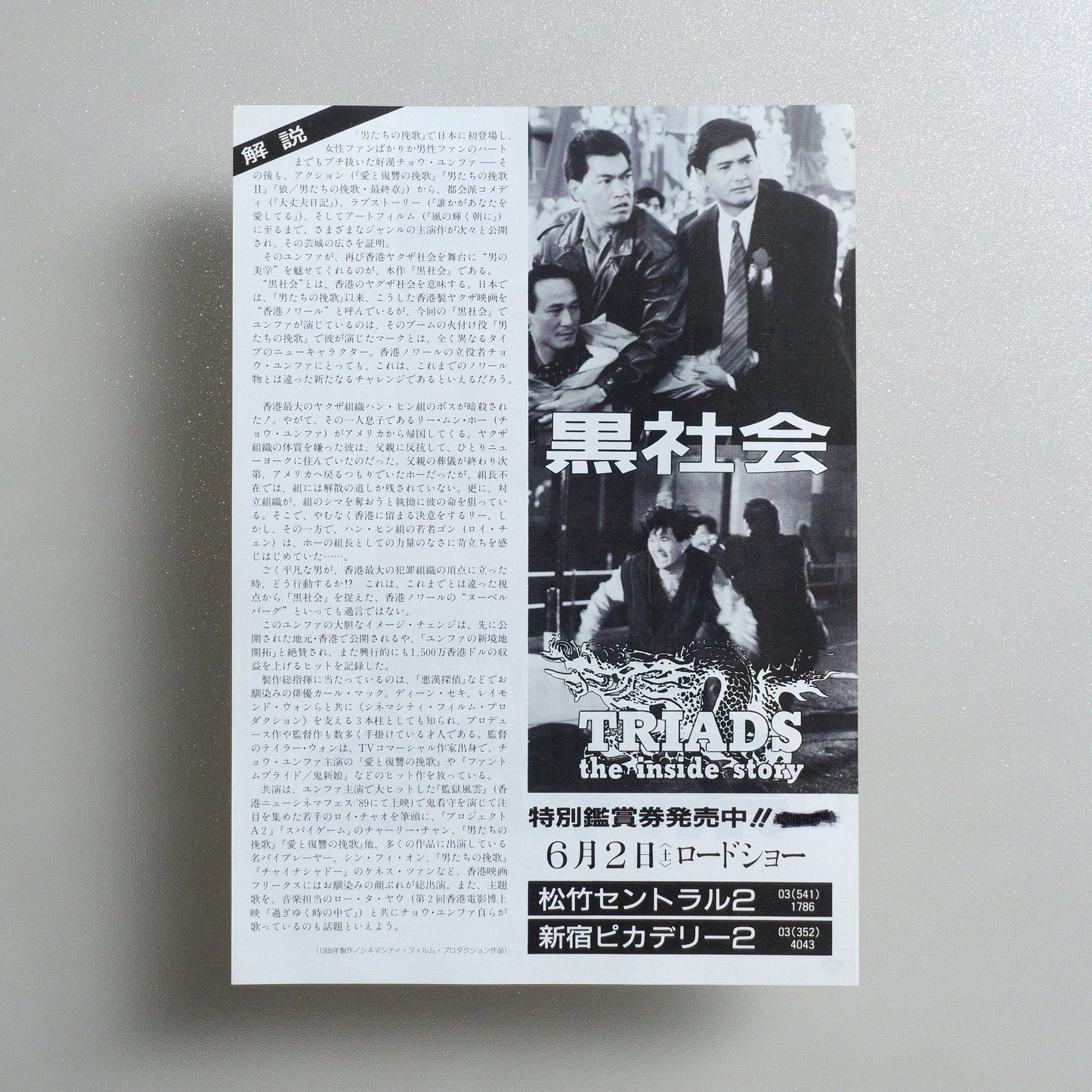Triads: The Inside Story 1990 Japanese B5 Movie Flyer - reverse