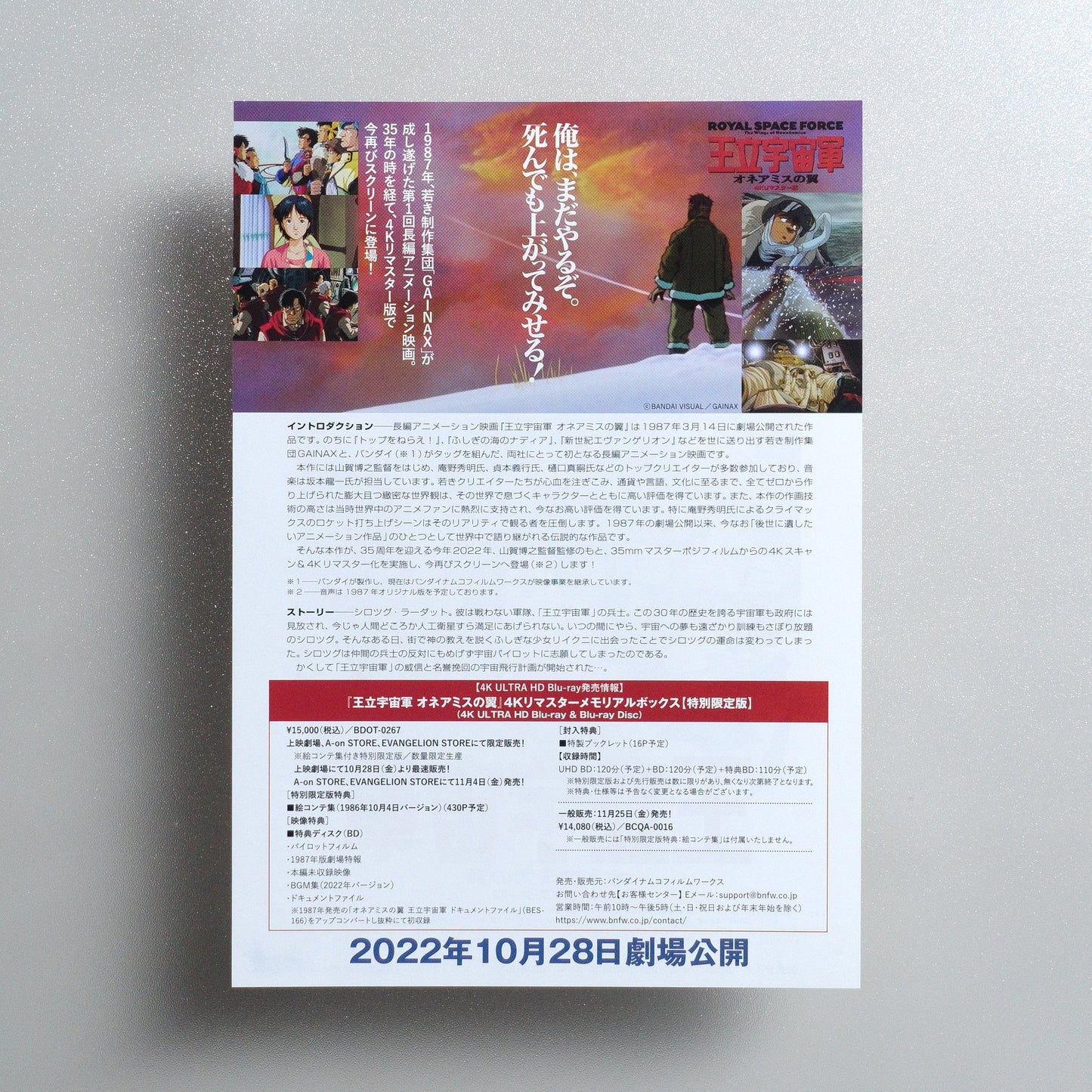 Royal Space Force: The Wings of Honnêamise 2022 Japanese B5 Movie Flyer - reverse