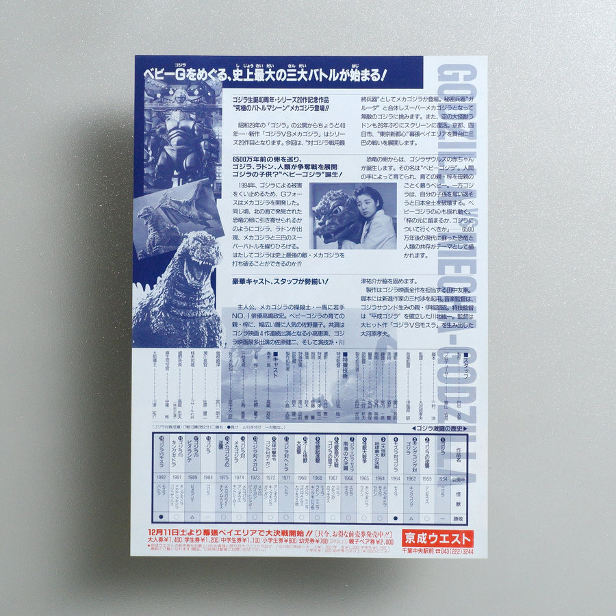 Godzilla vs; Mechagodzilla II 1993 Japanese B5 Movie Flyer - reverse