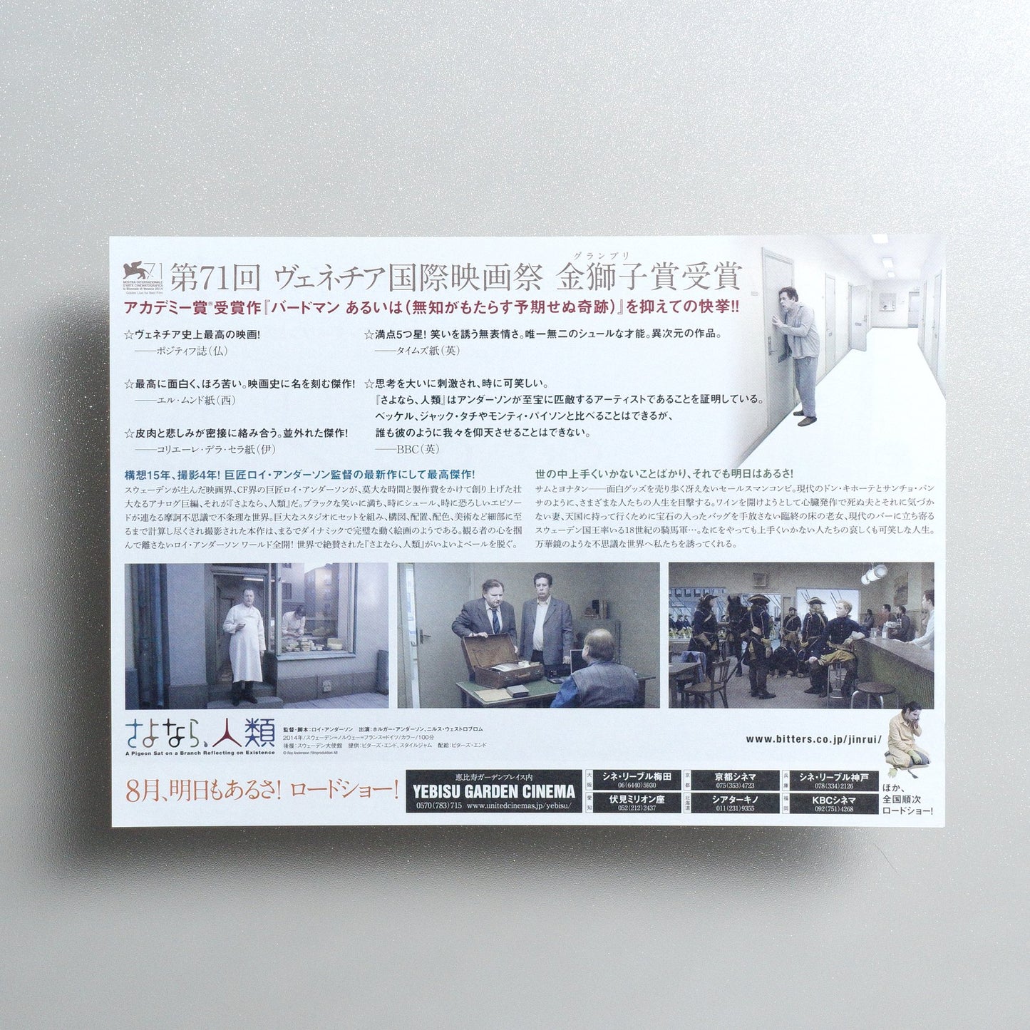 A Pigeon Sat on a Branch Reflecting on Existence 2015 Japanese B5 Movie Flyer - Design A reverse