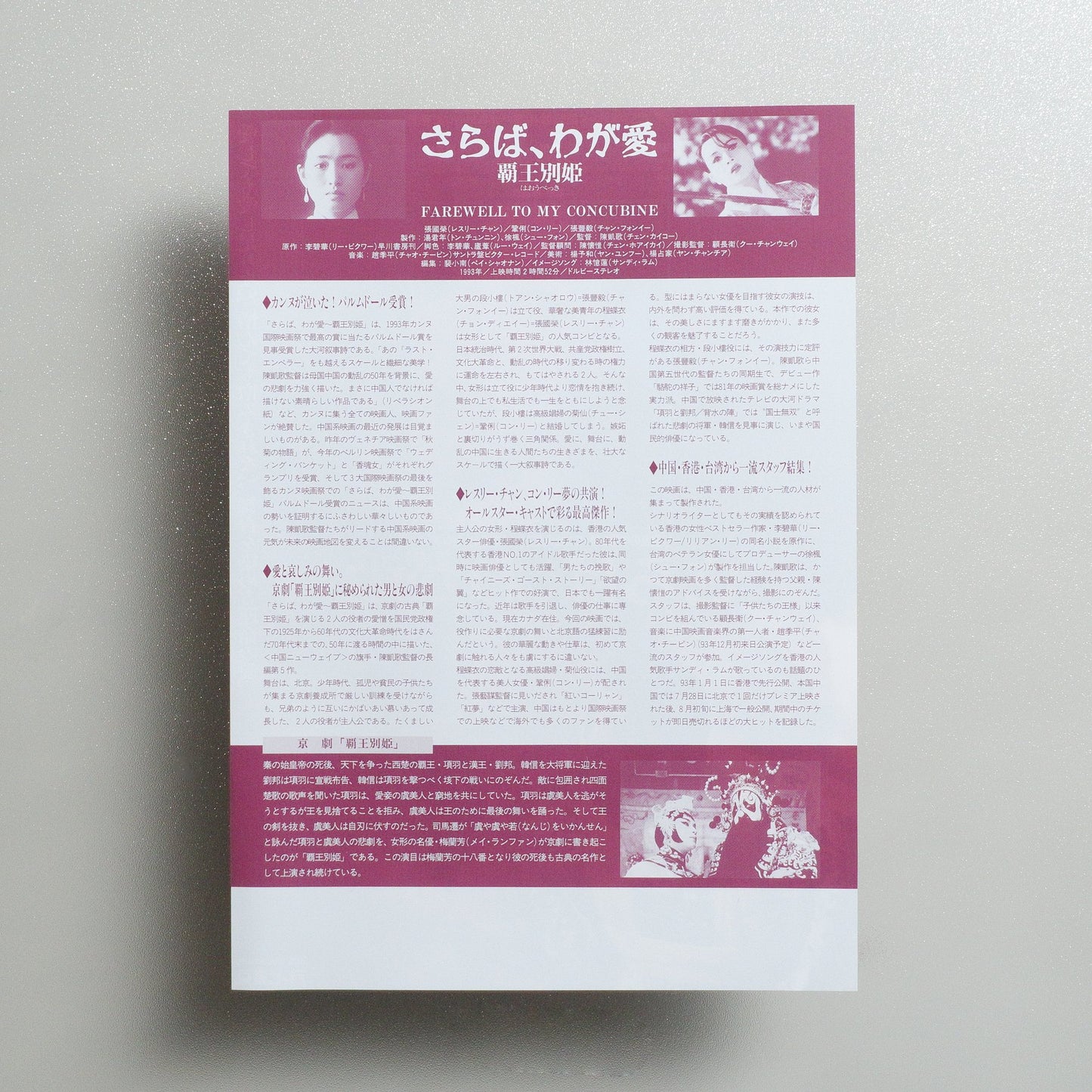 Farewell My Concubine 1993 Japanese B5 Movie Flyer - reverse