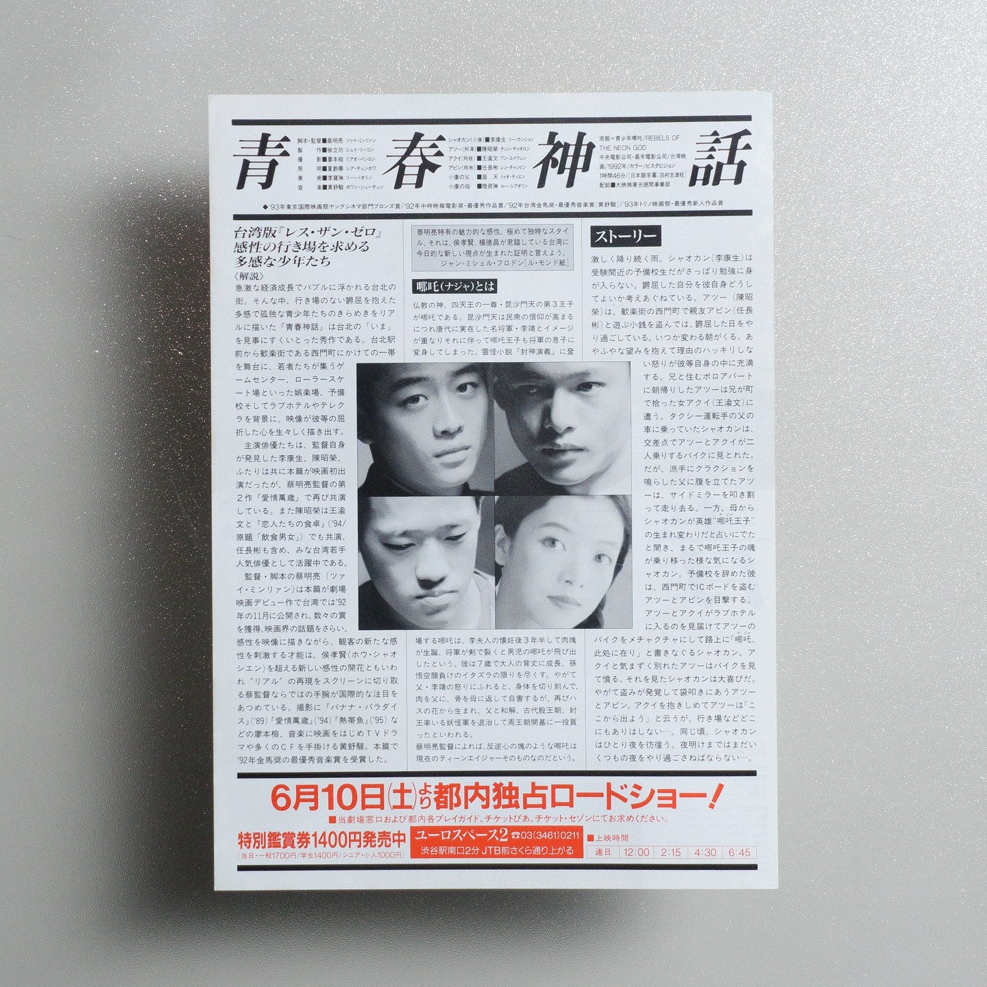 Rebels of the Neon God 1995 Japanese B5 Movie Flyer - reverse