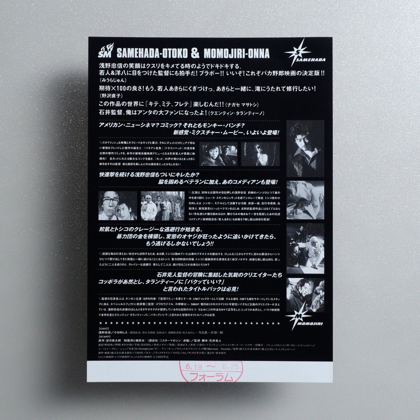 Shark Skin Man and Peach Hip Girl 1999 Japanese B5 Movie Flyer - reverse