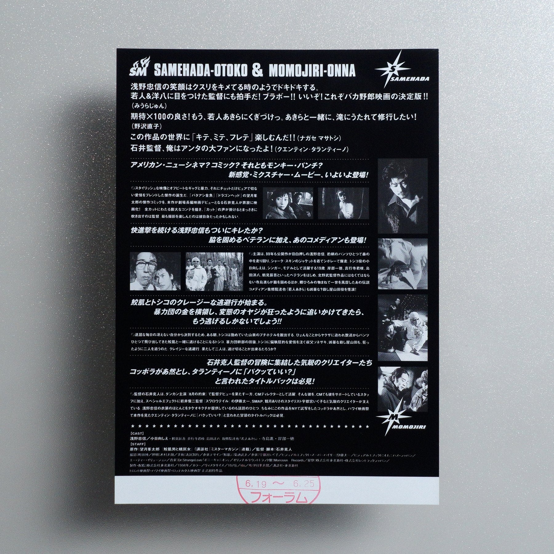 Shark Skin Man and Peach Hip Girl 1999 Japanese B5 Movie Flyer - reverse