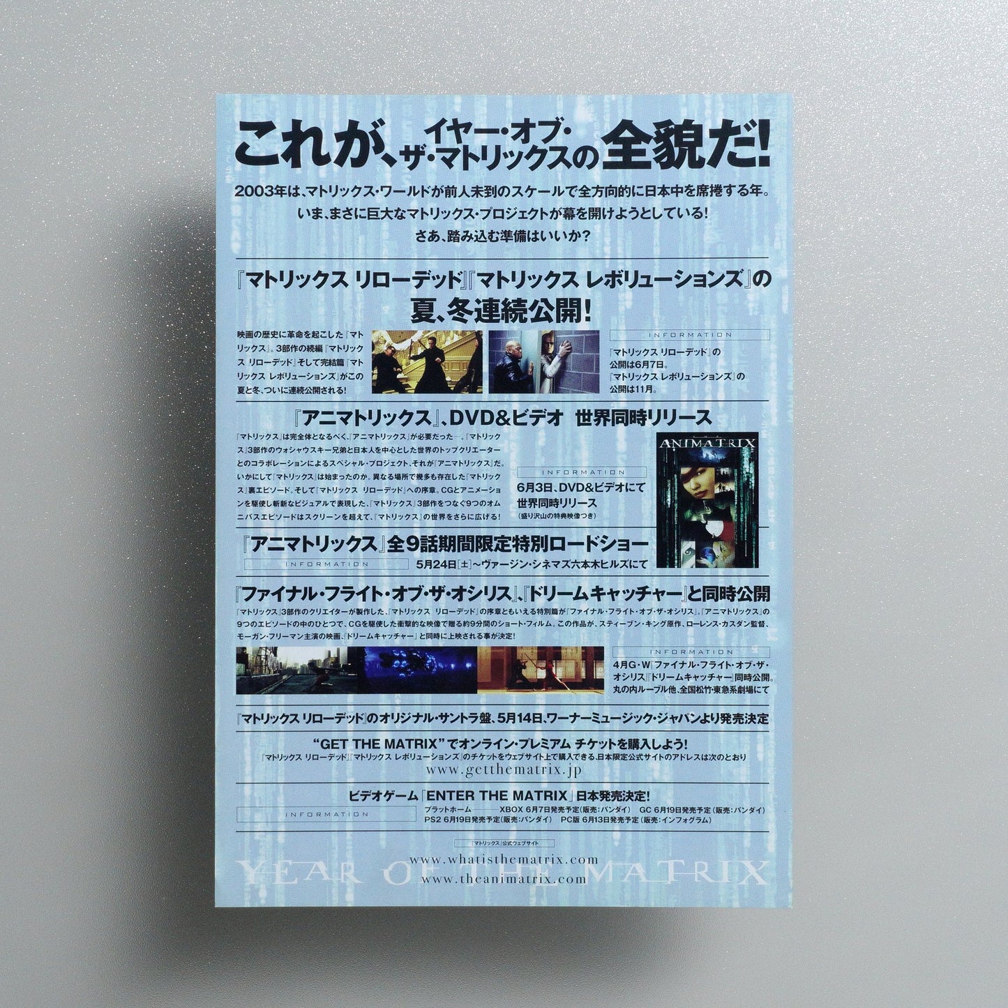 YEAR OF THE MATRIX 2003 2003 Japanese B5 Screening Flyer - reverse
