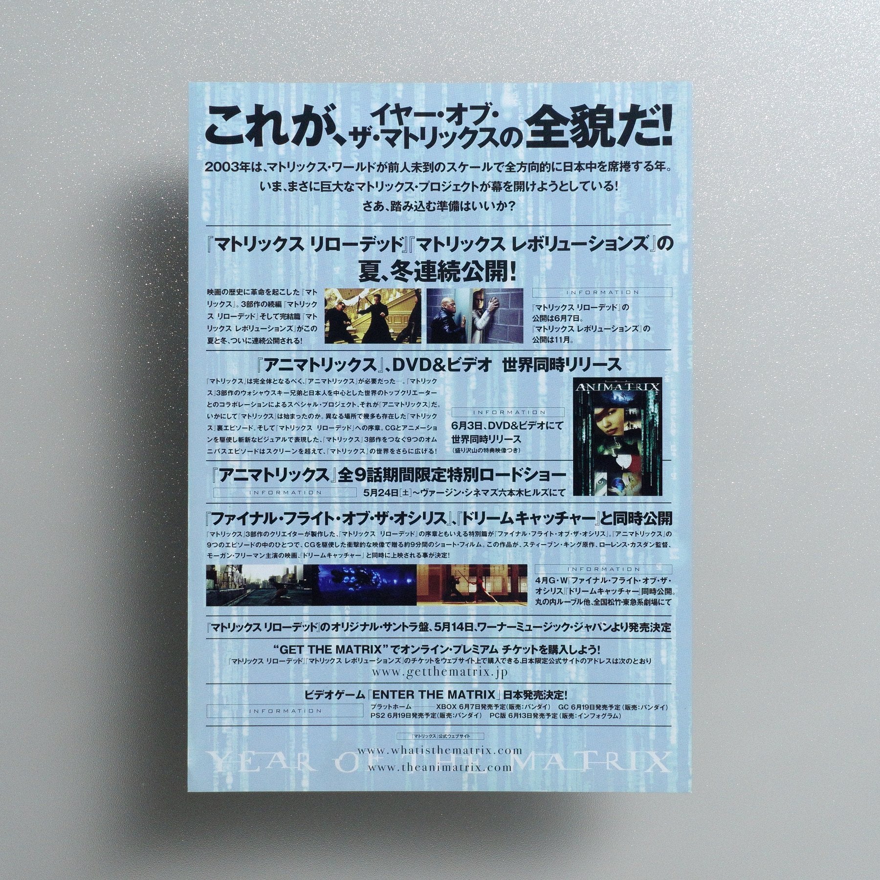 YEAR OF THE MATRIX 2003 2003 Japanese B5 Screening Flyer - reverse
